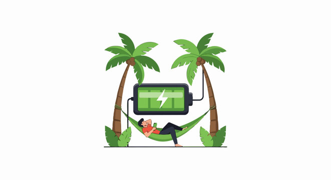 Digital Detox and Mental Recharge Concept: Man Relaxing in Hammock Under Large Green Battery Icon Illustration