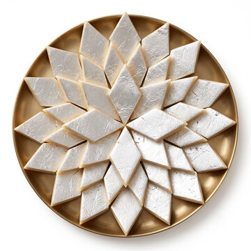 Top view of premium kaju katli with edible silver leaf arranged in a symmetrical layered heap on a brass plate isolated on white background