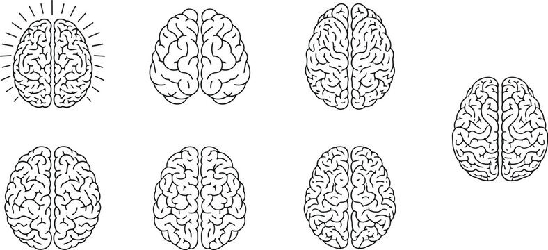 Human brain line art vector icons set with top view mind intelligence psychology anatomy idea mental health