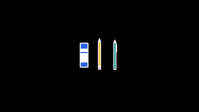 Eraser and yellow pencil and teal pen icons arranged neatly in a simple minimalist style for this motion graphic video