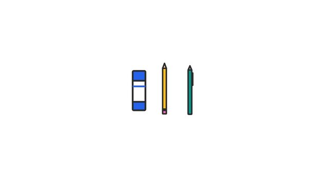 Minimalist stationery set featuring an eraser a yellow pencil and a black pen in this clean digital motion animation clip