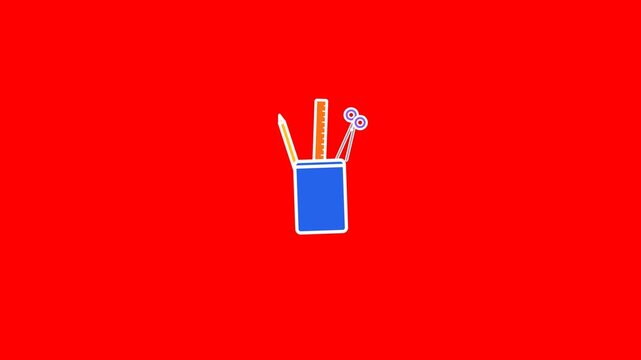Blue pencil holder contains yellow pencil ruler and scissors in this minimal flat design graphic animation video motion clip loop