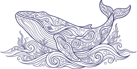Stylized blue whale swimming in abstract ocean waves line art illustration © Najmun