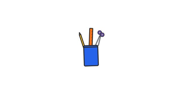 Blue pencil holder contains wooden ruler and sharp metal scissors in this vibrant flat style digital motion animation video clip
