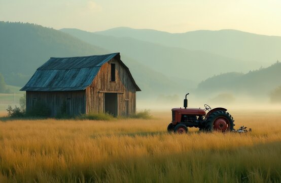 Old barn and vintage tractor rest in misty field of golden grass. Hazy hills in background under soft dawn sky. Rural farm scene shows quiet countryside.