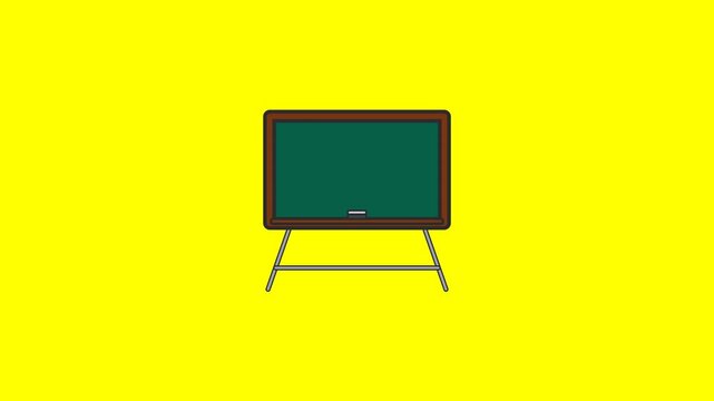 Green chalkboard with wooden frame standing on metal legs for educational classroom learning depicted in this digital animation video