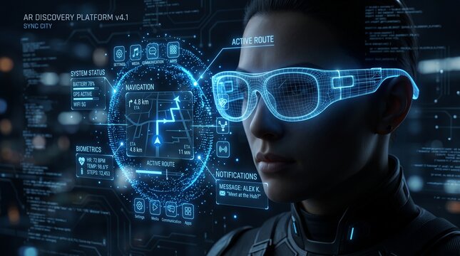 Woman wearing futuristic AR smart glasses looking at glowing HUD digital interface screen with navigation route