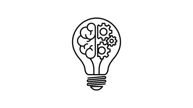 Conceptual line art illustration of a light bulb with brain and gears inside