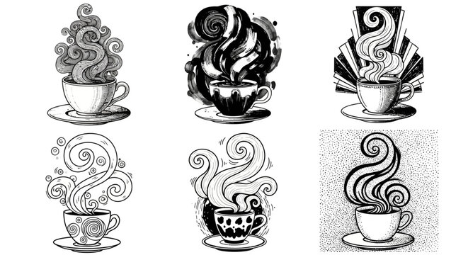 Set of six hand drawn coffee cups with swirling steam clouds in vintage engraving style monochrome vector illustration for menu design and cafe art