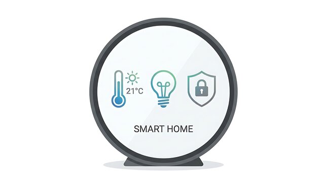 Digital smart home interface display showing climate lighting and security icons