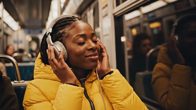 Young woman listening to music on train commute.