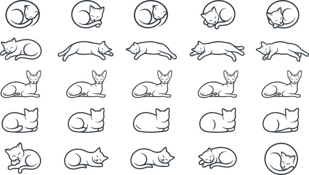 Minimalist Sleeping Cat Line Art Vector Icon Set featuring Feline Poses including Curled Up Loaf Position Lying Flat and Resting Kittens for Pet Designs
