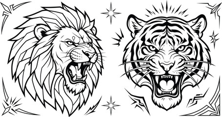 Lion and Tiger Icon Set with Angry Roaring Heads Wildlife Predators and Tribal Elements © PJ DeSign