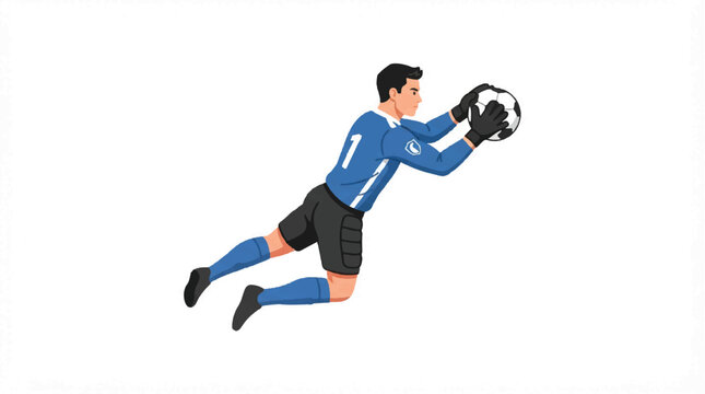 Cartoon illustration of a goalkeeper making a diving save to stop a soccer ball.