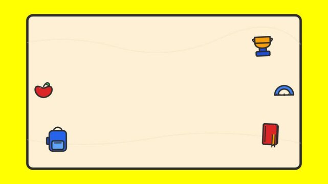 School supplies icons floating on a bright yellow background in this colorful educational motion video clip for digital presentations