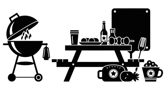 Summer barbecue scene with grill picnic blanket and fireworks illustration