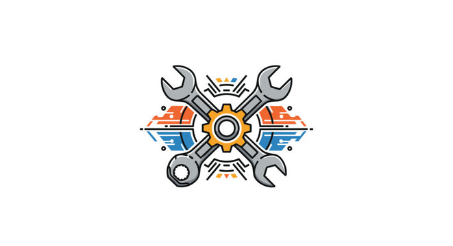 Mechanical logo featuring crossed wrenches and a gear with modern abstract technology lines on white background.
