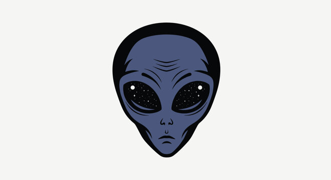 Classic dark gray alien face silhouette with starry outer space galaxy pattern inside big black eyes on white background.