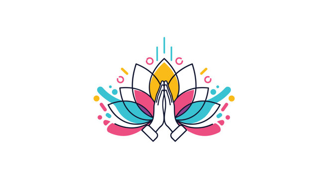 Hands in praying gesture on a colorful lotus flower background representing yoga, meditation, and harmony.
