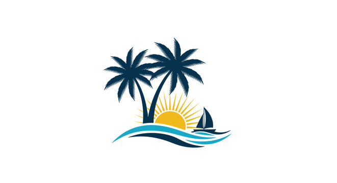 Tropical beach logo with two palm trees, a bright rising sun, blue sea waves, and a sailboat silhouette.