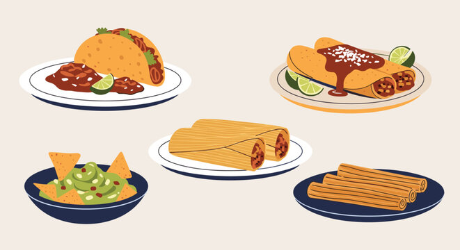 Plate of delicious traditional Mexican dishes including taco, enchiladas with mole, tamales, guacamole, and churros.