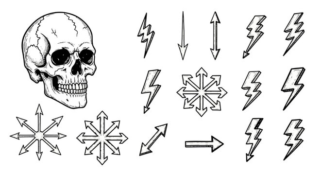 A skull with various arrows and lightning bolts.