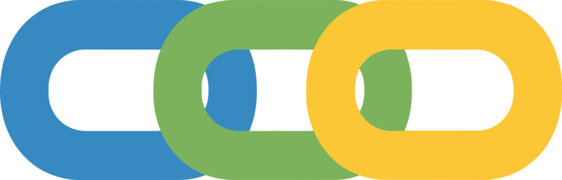 Three interlocking rings, blue, green, yellow, abstract design, teamwork, connection, unity
