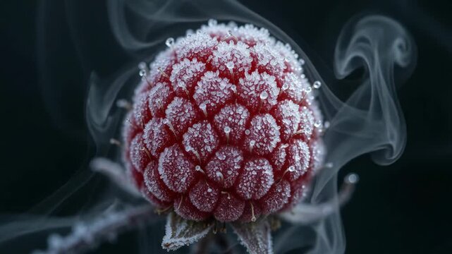 Frozen raspberry covered in delicate frost crystals in winter macro
