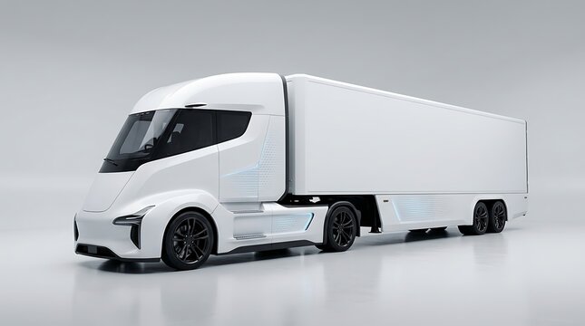 Sleek futuristic white autonomous electric semi truck with trailer parked on clean white surface showcasing advanced transportation technology and clean energy solutions.