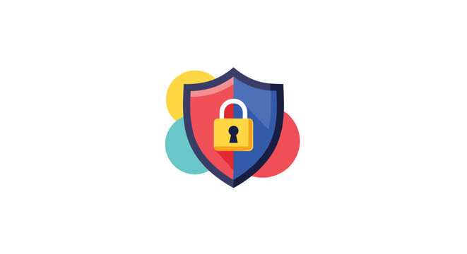 Vibrant safety shield icon with a golden padlock in the center symbolizing cyber security and data protection.