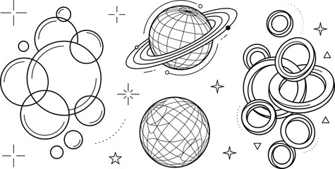Abstract Space Icon Set with Saturn Planet Geometric Spheres Rings and Cosmic Stars © PJ DeSign