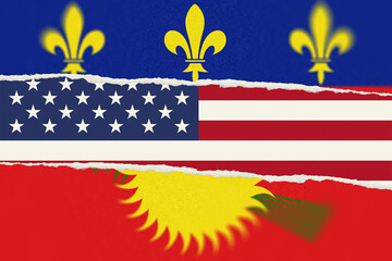 Layered Flags Illustration with Torn Paper Effect Fleur de lis on Blue, American Flag, and Guadeloupe Flag, Representing Cultural Connection © Mulkan