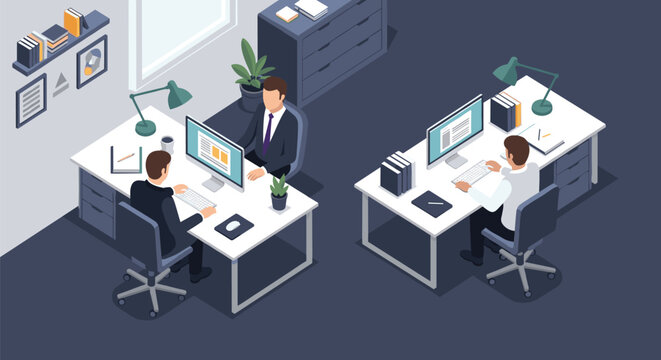 Isometric design of a modern corporate office workspace with employees working on computers at their white desks.