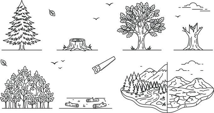 Deforestation and Forest Conservation Icon Set with Trees Logs Stumps and Environmental Damage