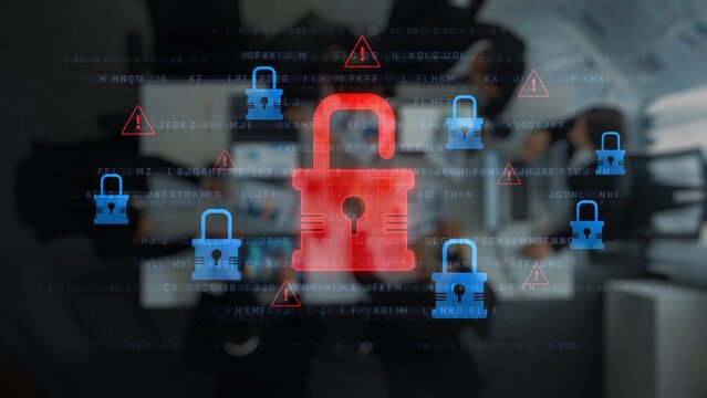 This image showcases a digital lock concept with red and blue padlocks, illustrating the dichotomy of security and vulnerability in modern technology environments. Raster