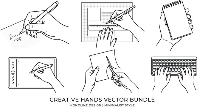Creative hands and design studio workflow vector bundle set, minimalist monoline ui ux wireframing, craft scissors cutting paper, typing keyboard icons
