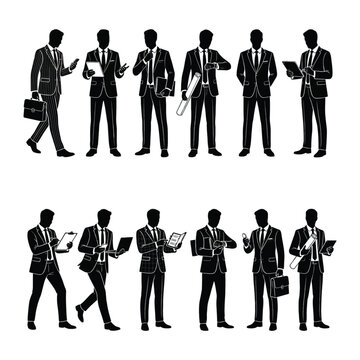 A collection of twelve professional business people in suits standing in various poses displayed as sharp black silhouettes on a clean and high quality transparent background