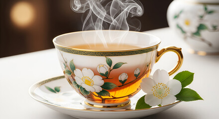 Fototapeta premium Steaming Camellia Tea Cup Luxury Aroma Refreshing Brew Hot Beverage Porcelain