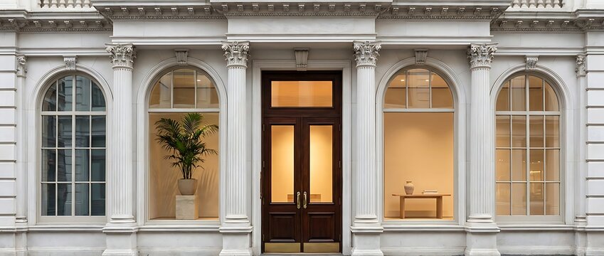 Classic dark wood double doors with glass panes set within white building facade framed by arched windows and ornate columns a warm inviting entrance.