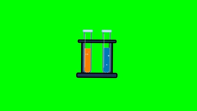 Laboratory test tubes containing orange and blue liquid chemicals set in a rack for a science animation video clip