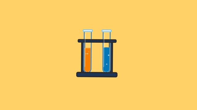 Laboratory glass test tubes containing vibrant orange and blue chemical liquids displayed in a dark rack for science animation video