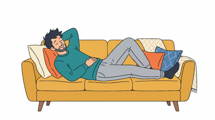 Obraz premium Casual relaxed person lounging on an orange sofa in a cozy home setting.