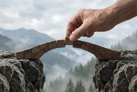 Man's hand carefully placing last wooden block to complete small bridge over deep crevice symbolizing shared effort problem-solving and trust with foggy peaks.