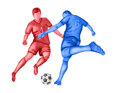 Watercolor illustration of two soccer players in red and blue uniforms competing for the ball. Dynamic football match action isolated on white background.Soccer. Sport. Sports competition.