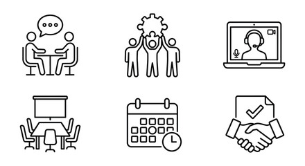Fototapeta premium Business Meeting Teamwork And Support Line Icons On White Background