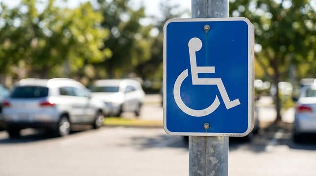 Blue disability parking permit sign featuring white wheelchair graphic symbol mounted on metal pole outdoors against blurred background of cars parked in public parking lot area daytime.