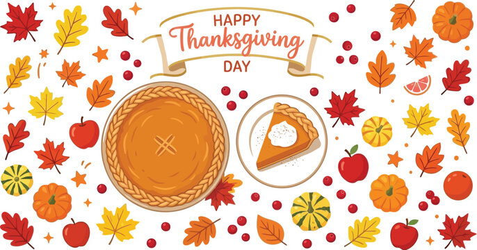 Thanksgiving day illustration with pumpkin pie apples and autumn foliage