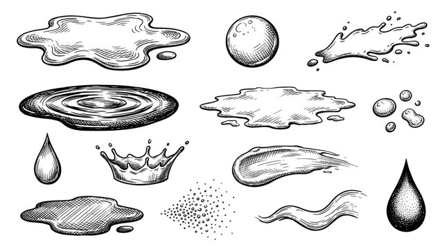 Cosmetic liquid puddle and drop vector sketch, hand draw oil splash ink illustration on white background