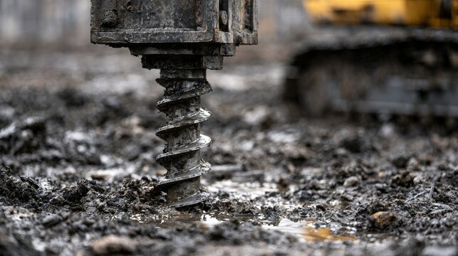 Industrial earth auger drilling into muddy ground on construction site