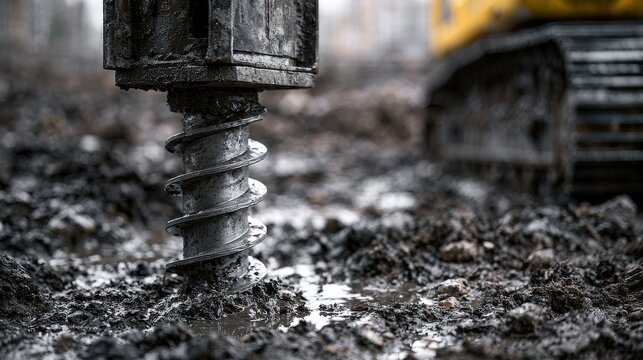 Industrial earth auger drilling into muddy ground at construction site